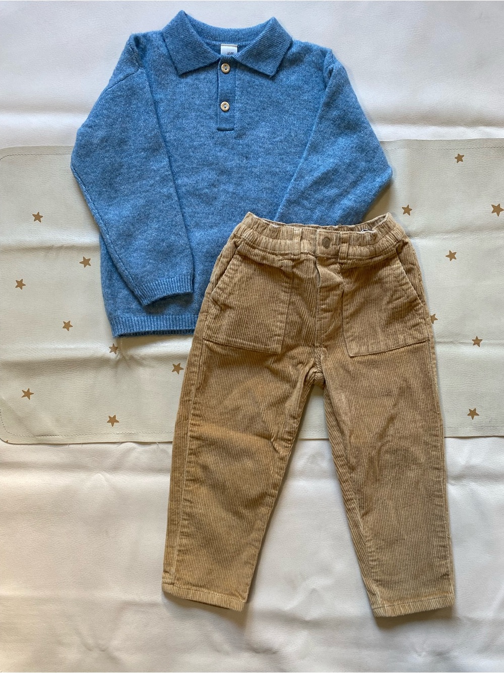 3t fits 3/4 H&M Soft Blue Knit Sweater & 3/4 Zara Golden Tan Corduroy Pants